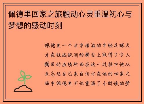 佩德里回家之旅触动心灵重温初心与梦想的感动时刻